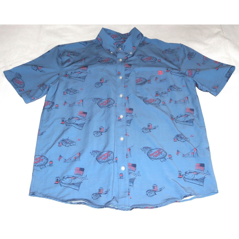 Huk Americookin Kona Fishing Shirt Mens Medium Blue Short Sleeve UPF30 Button Up